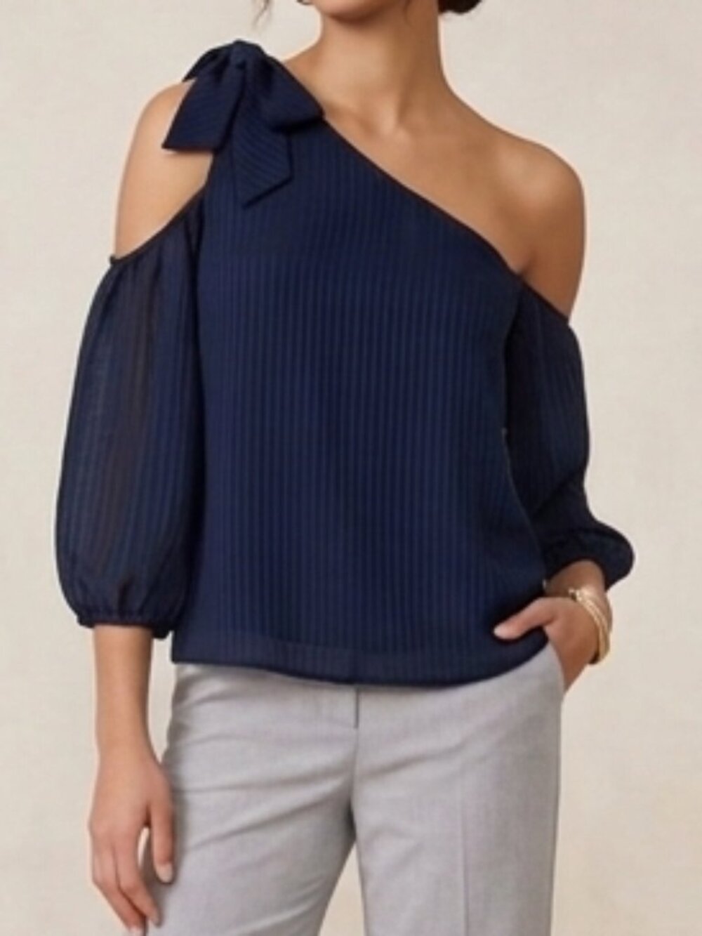 Navy Blue One Shoulder Blouse Tie Cold Shoulder Top Puff Sleeve Medium Classy